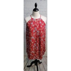 Pink Rose Red Floral Sleeveless Dress Sz S Mini Halter Neckline Keyhole Back